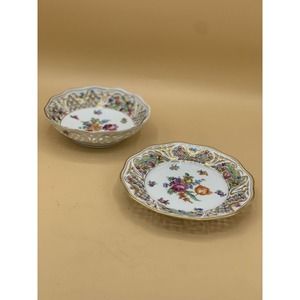VTG DRESDEN Schumann Porcelain Reticulated Candy/Nut Dish and Bowl Floral Gold